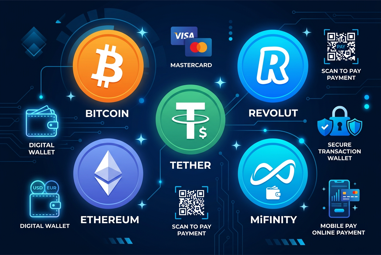 Přehled log moderních platebních metod: Bitcoin, Tether, Revolut a MiFinity